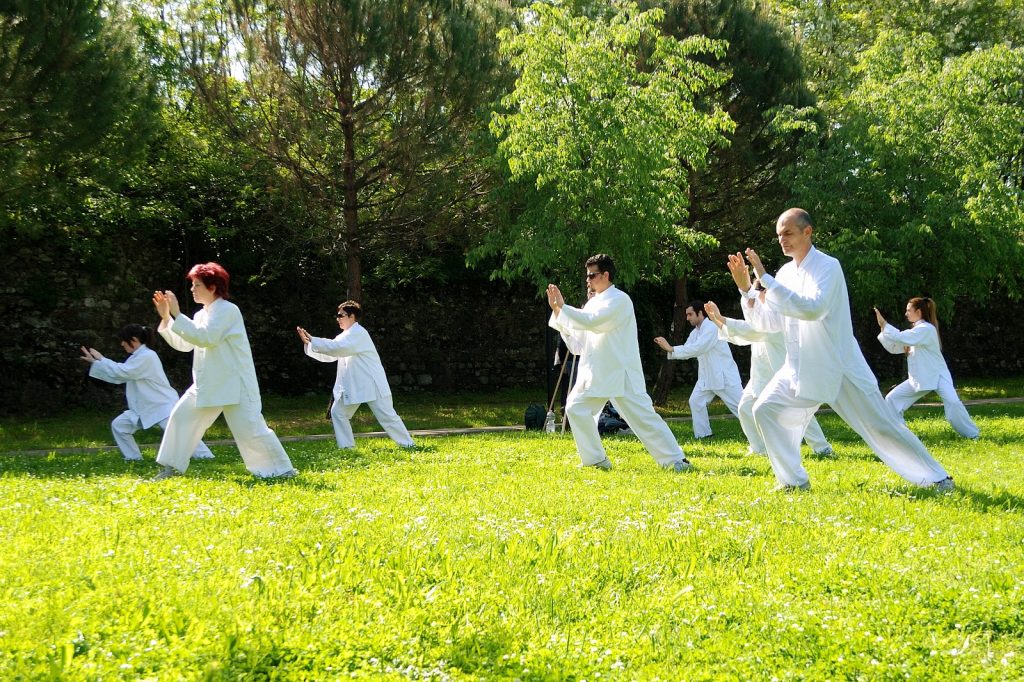 Taï Chi : les participants en tenue blanche s'entraînent dehors