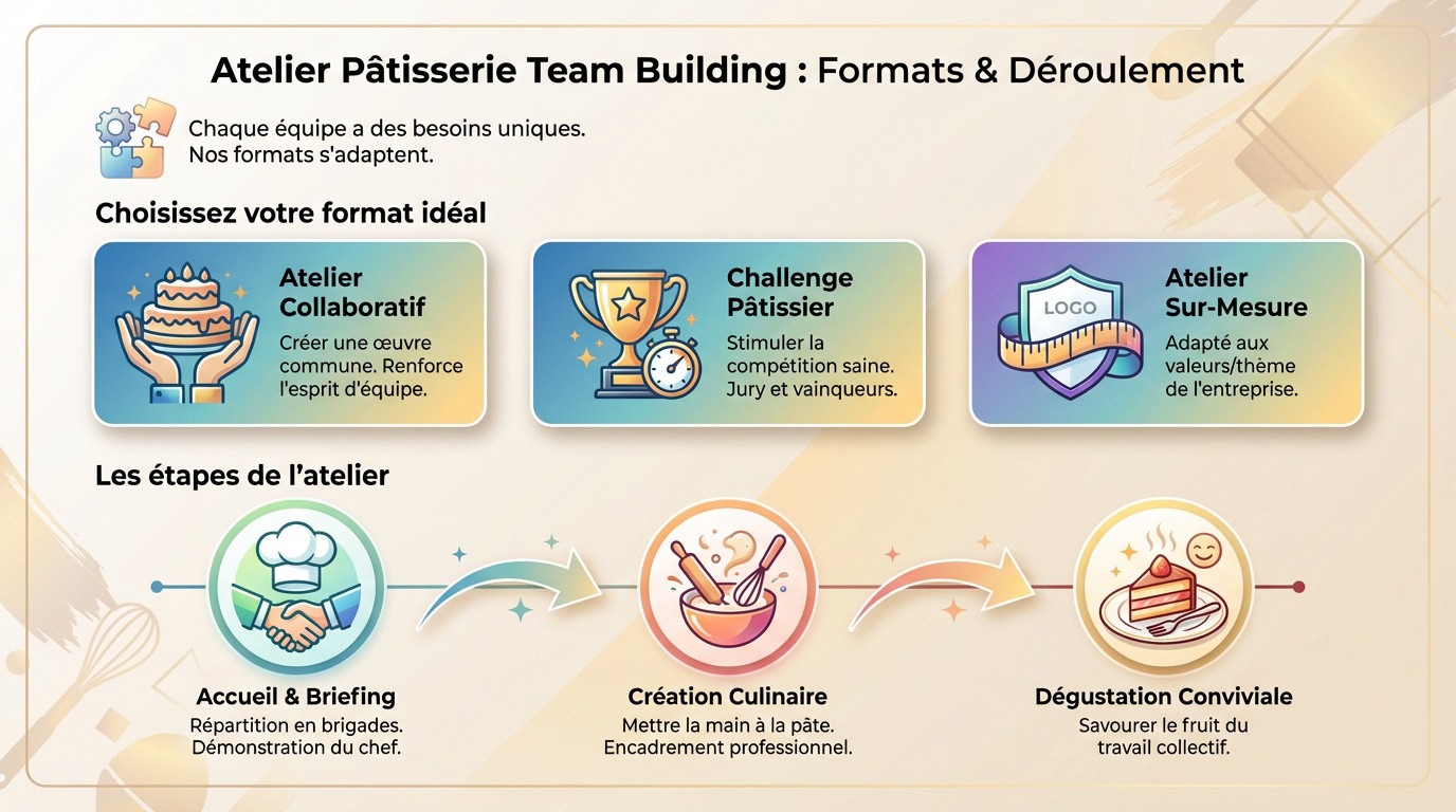 Participants en atelier de pâtisserie préparant une recette en équipe