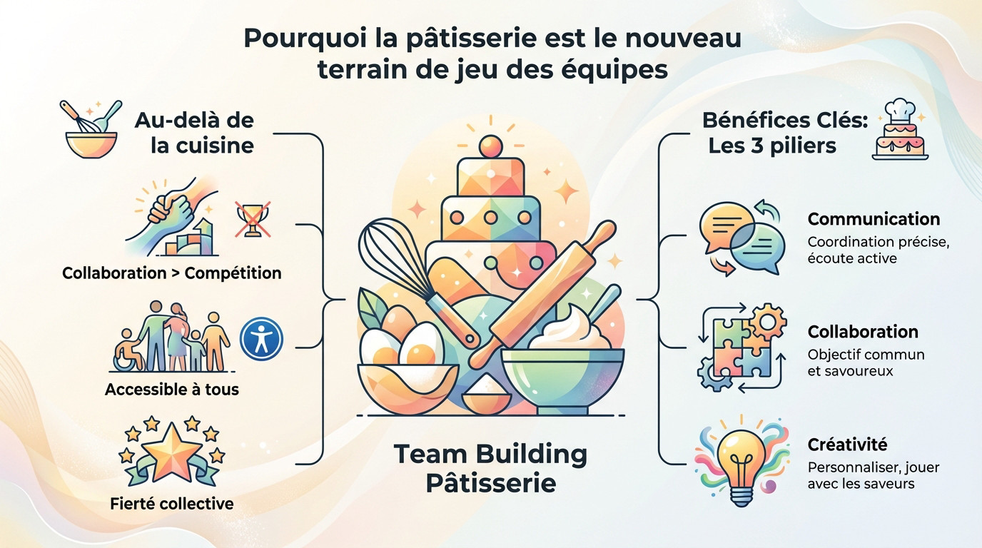 Collègues collaborant joyeusement lors d'un <strong>atelier de pâtisserie en entreprise</strong>« ></p>
<h3 id=