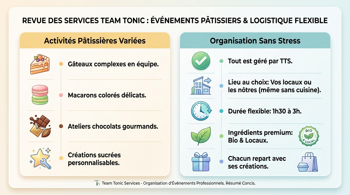 Atelier de team building pâtisserie avec Team Tonic Services incluant matériel et ingrédients