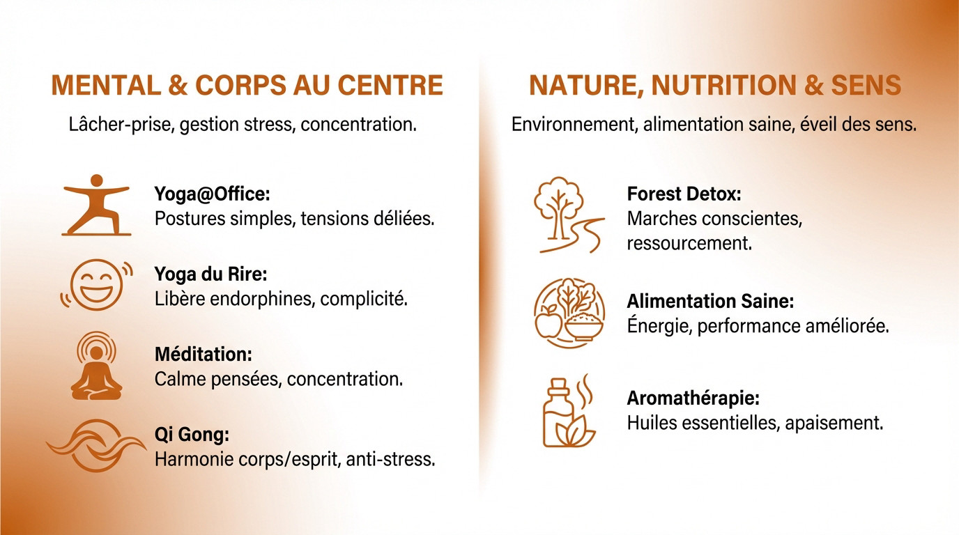 Groupe de collègues participant à une activité de team building bien-être en extérieur