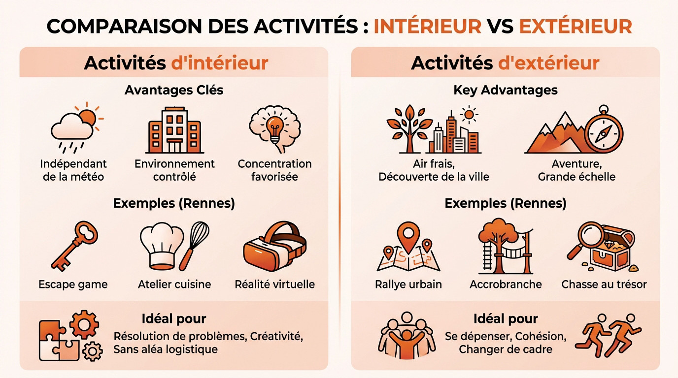 Comparaison des avantages entre team building intérieur et extérieur à Rennes