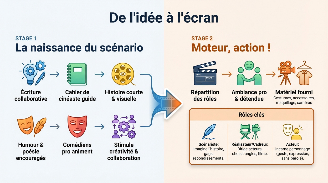 Participants en action lors d'un atelier de tournage cinéma muet