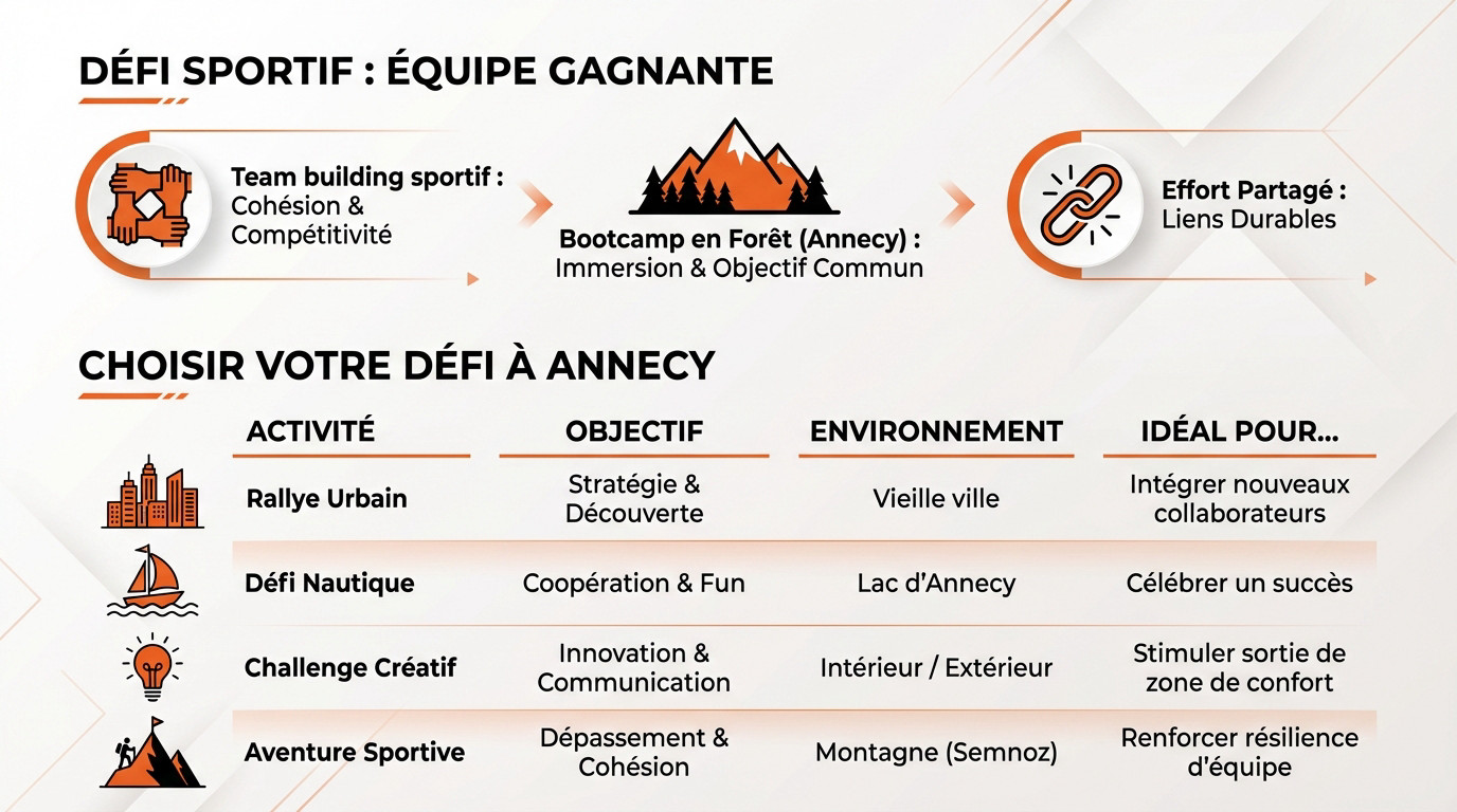 Groupe de collaborateurs célébrant leur réussite lors d'un challenge sportif en montagne à Annecy