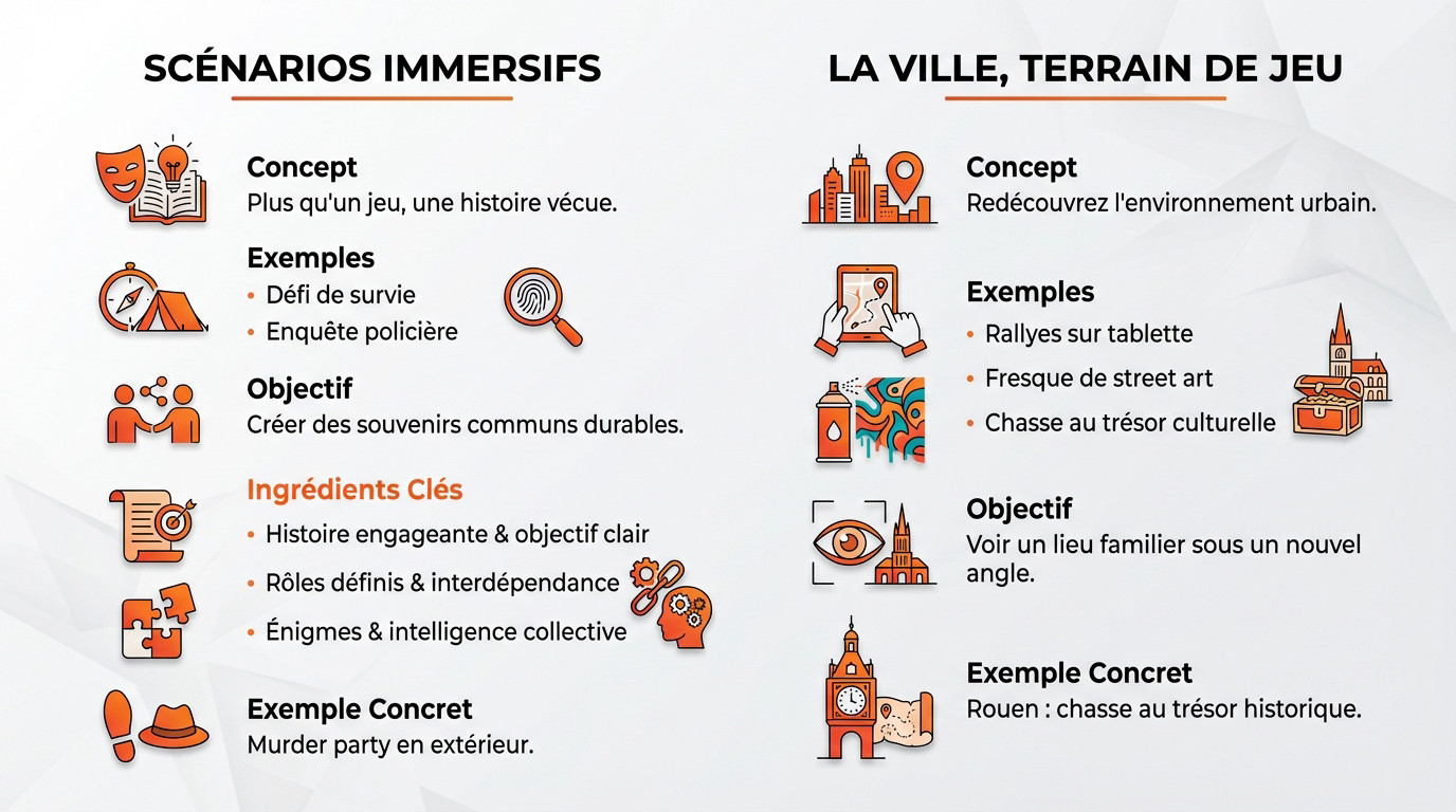 Groupe de collègues participant à une activité de team building innovante en extérieur avec des tablettes