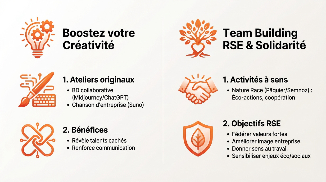 Infographie illustrant les bénéfices de la créativité et de la RSE pour le team building à Annecy