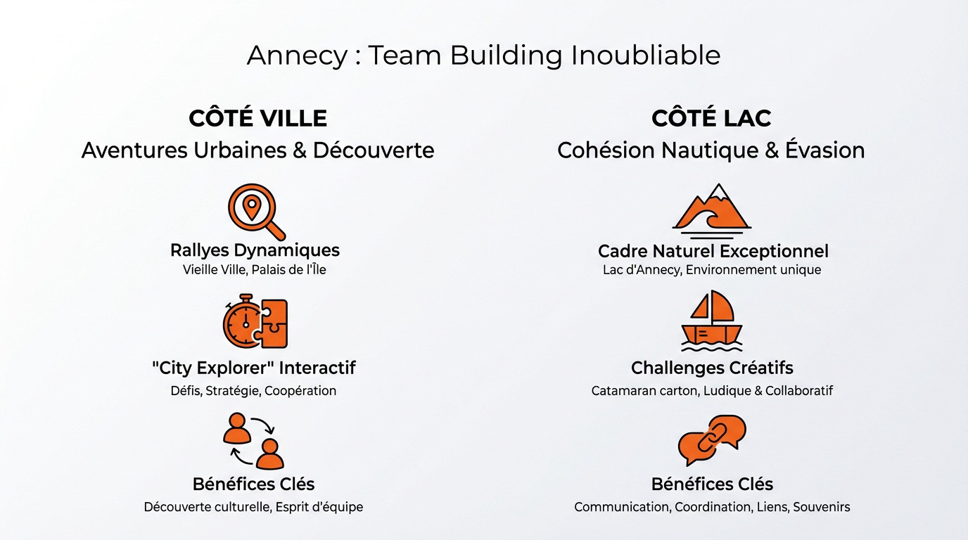 Infographie présentant les options de team building à Annecy entre ville et lac