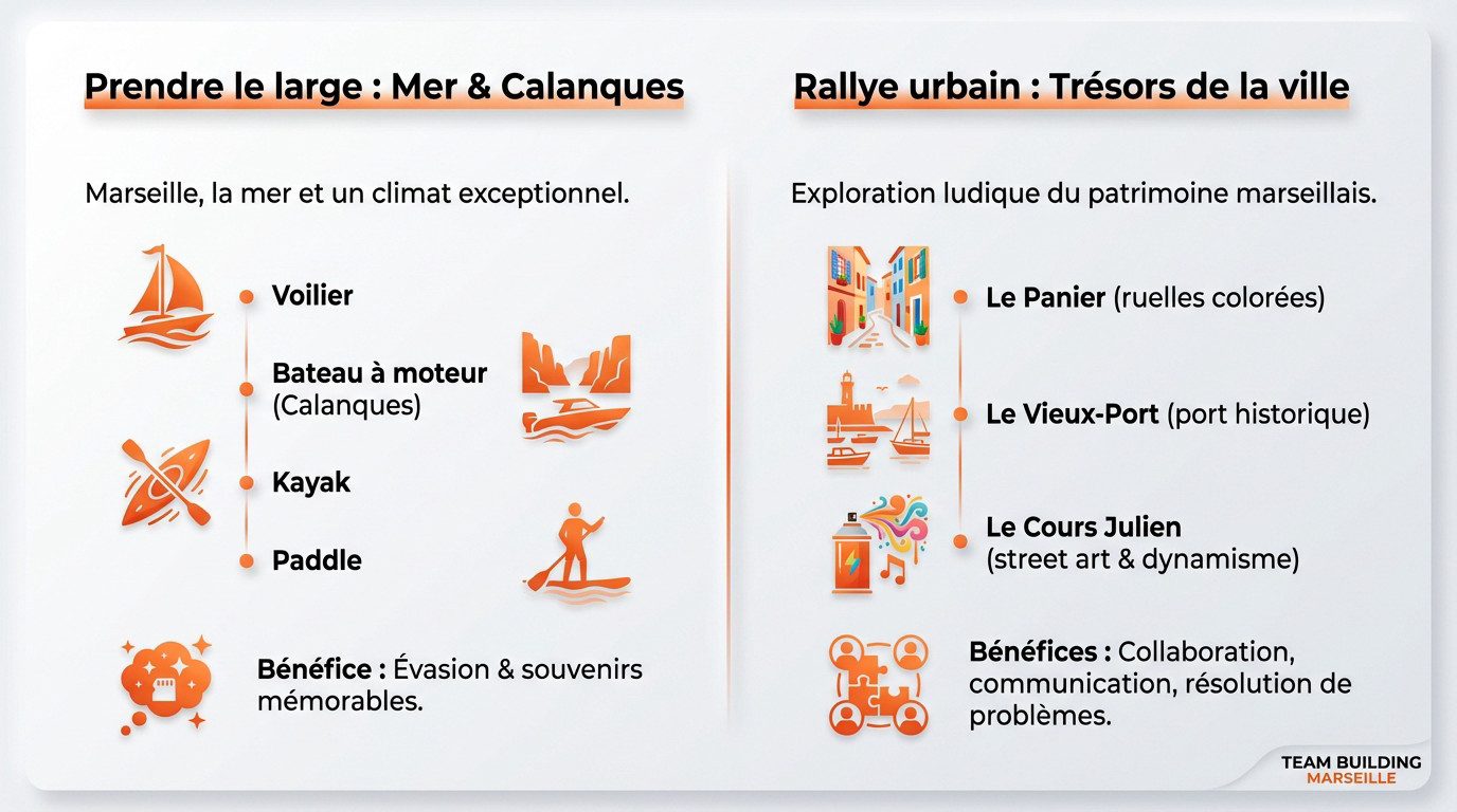 Infographie comparant les options de team building à Marseille entre activités nautiques et rallyes urbains