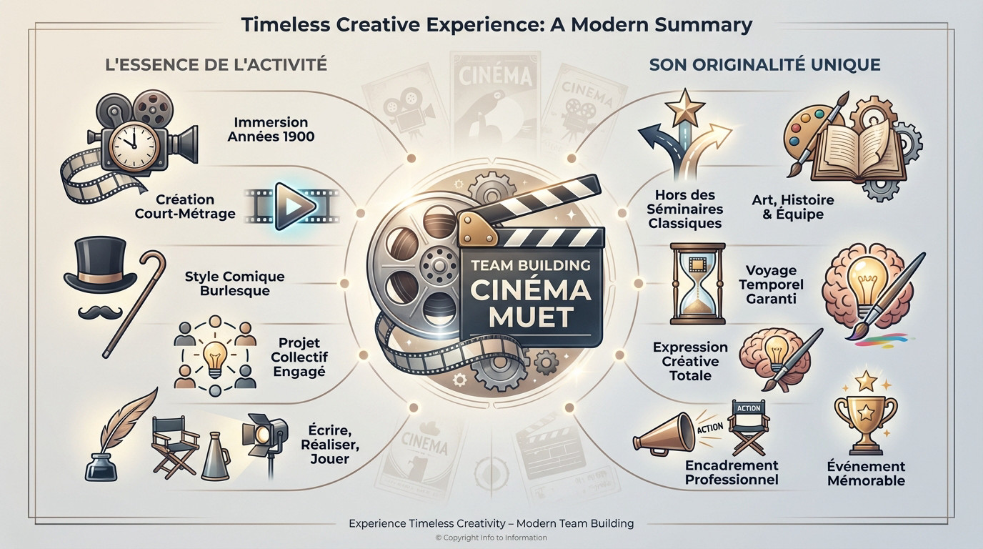 Groupe de collaborateurs en costumes d'époque réalisant un film muet avec une caméra vintage