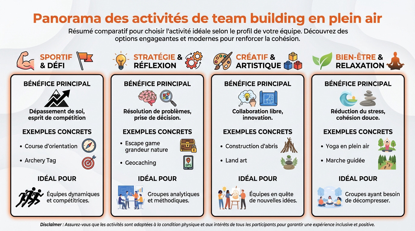 Panorama des activités de team building en plein air : sport, réflexion et créativité