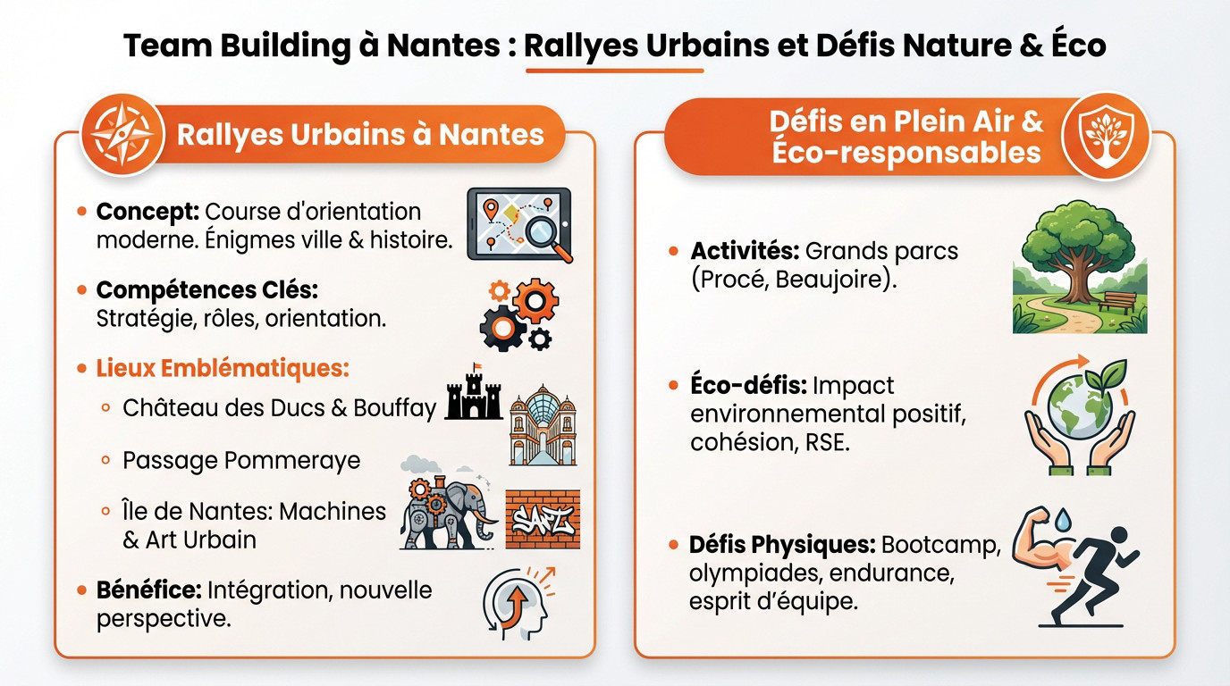 Participants engagés dans un rallye urbain et un défi nature lors d'un team building à Nantes