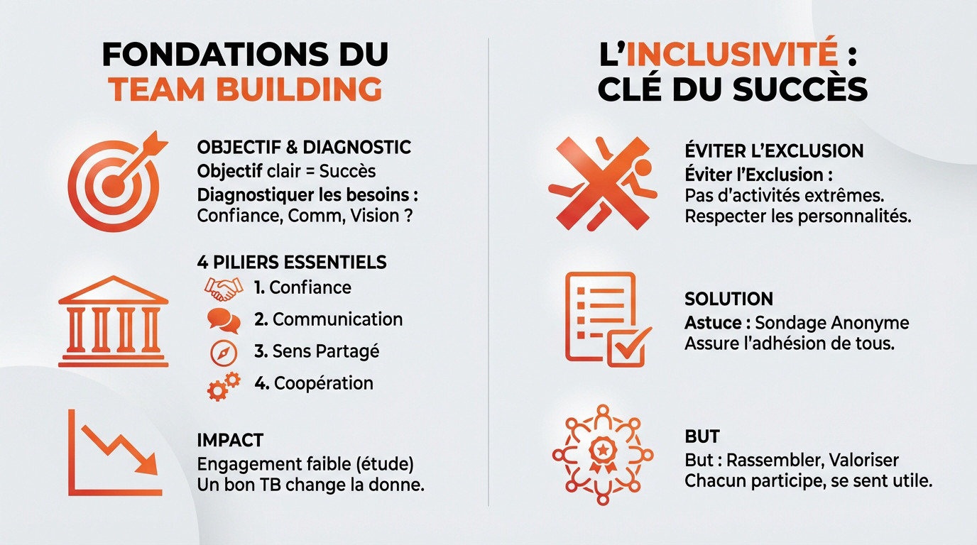 Groupe de collègues diversifiés participant à une activité de team building inclusive et souriant