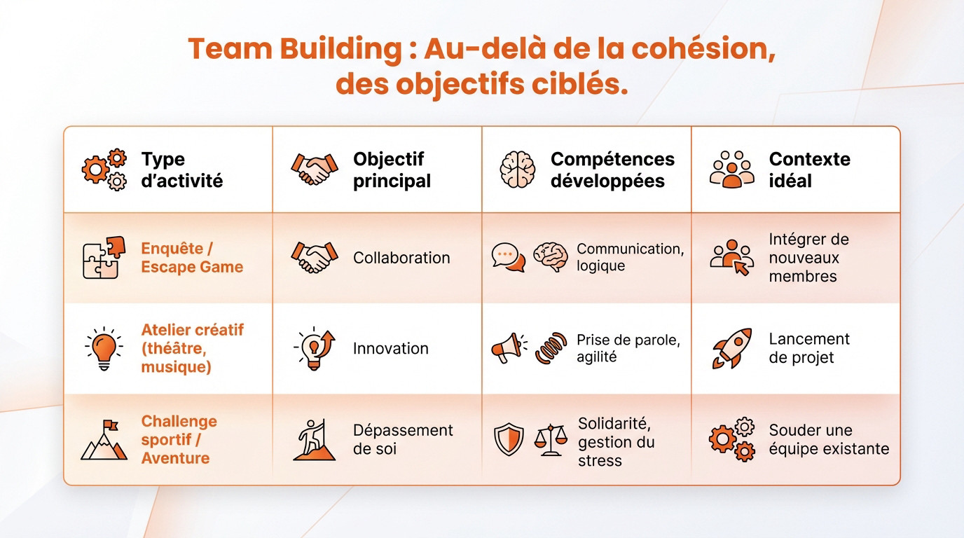 Groupe de collègues collaborant sur des objectifs d'entreprise lors d'un team building stratégique