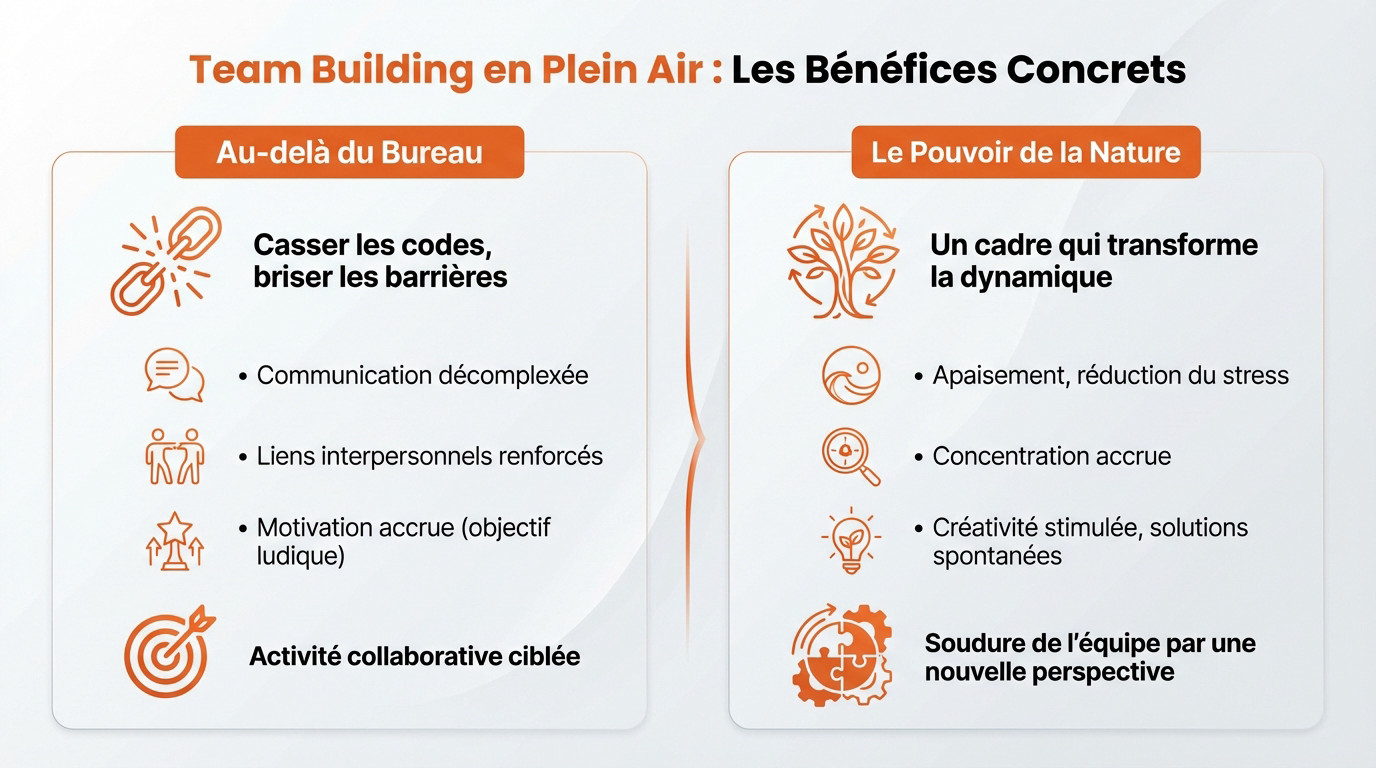 Groupe de collègues profitant d'une activité de team building en nature pour renforcer la cohésion