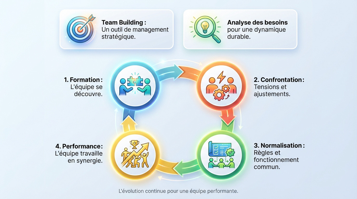 Schéma illustrant les 4 phases de développement d'une équipe : formation, confrontation, normalisation et performance