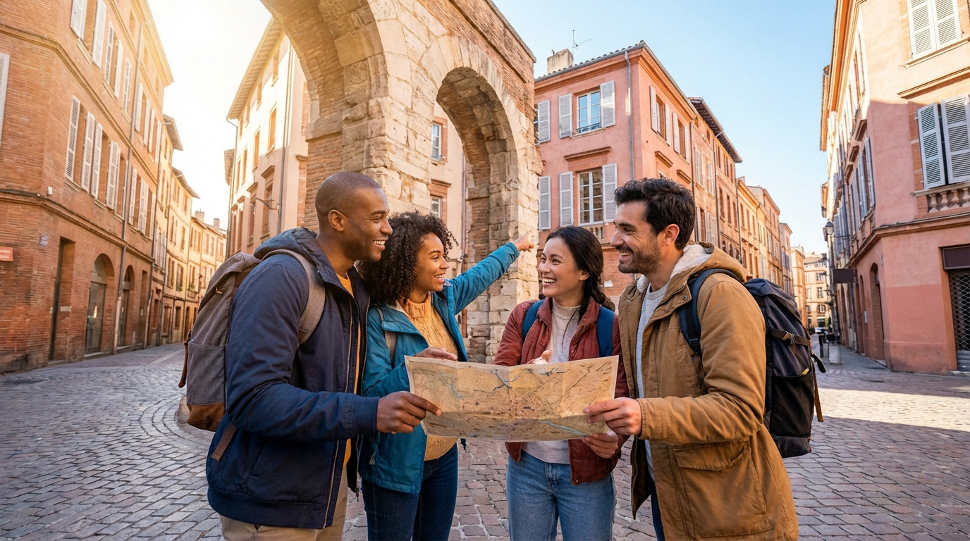 Quatre personnes souriantes consultent une carte dans une rue pavée de Toulouse, devant des bâtiments en briques et une arche ancienne.