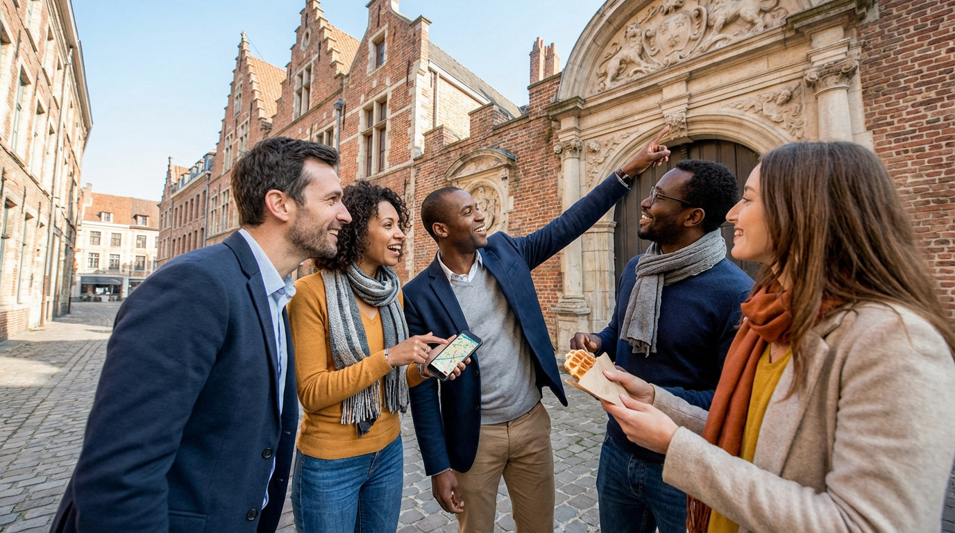 Cinq personnes souriantes participent à une chasse au trésor dans les rues pavées de Lille, devant des bâtiments historiques, un gaufre à la main.