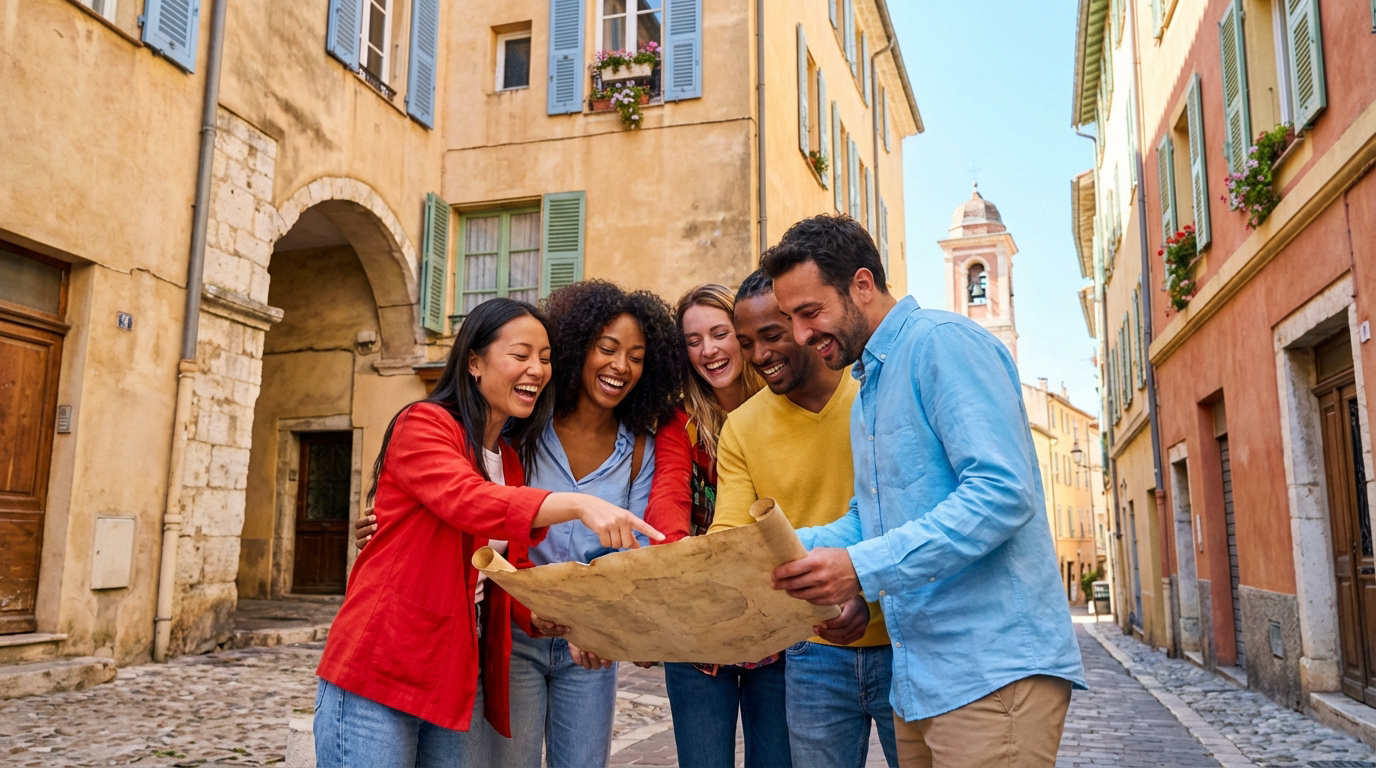Groupe diversifié de cinq amis riant en regardant une carte ancienne dans une rue pavée de la vieille ville de Nice.