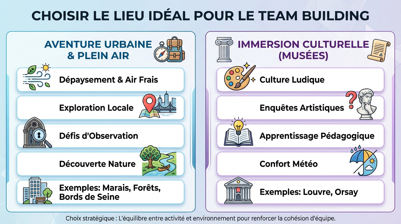 Equipe en pleine réflexion lors d'une chasse au trésor d'entreprise en extérieur