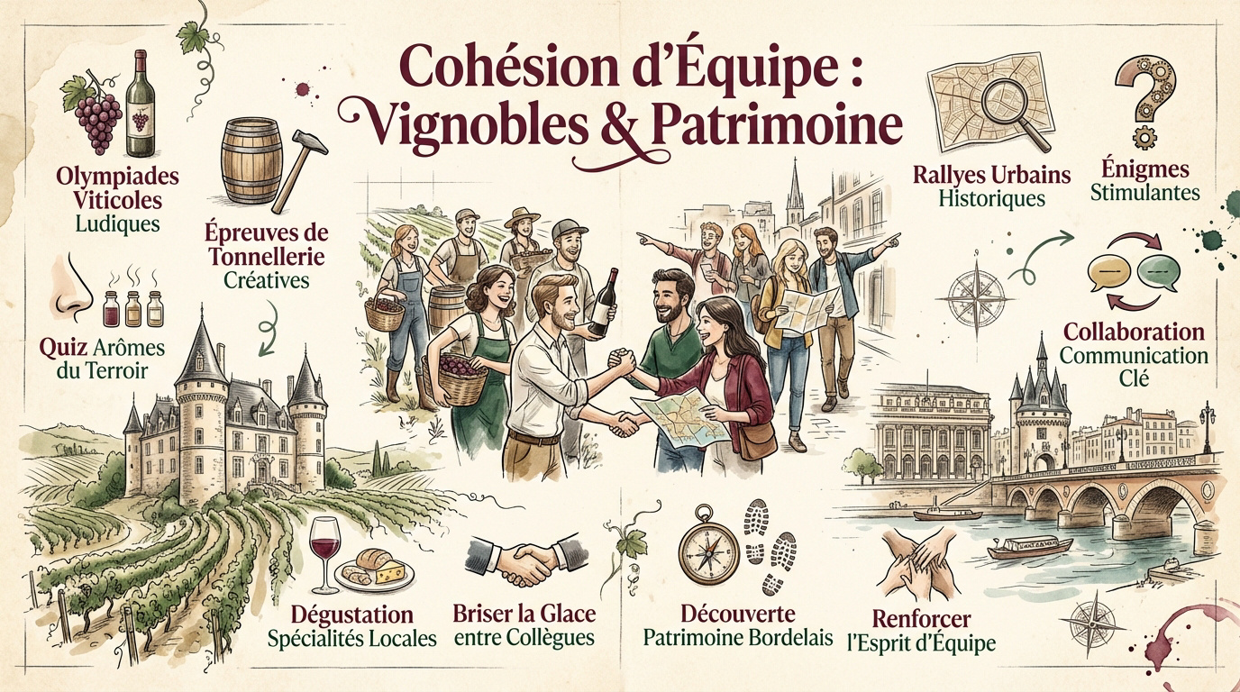 Équipe de collaborateurs participant à un rallye urbain historique à Bordeaux