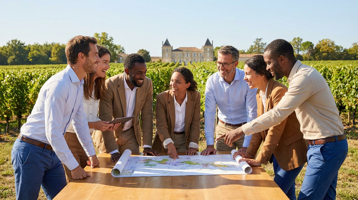 Six professionnels souriants analysent une carte sur une table en bois, un vignoble et château bordelais en arrière-plan.