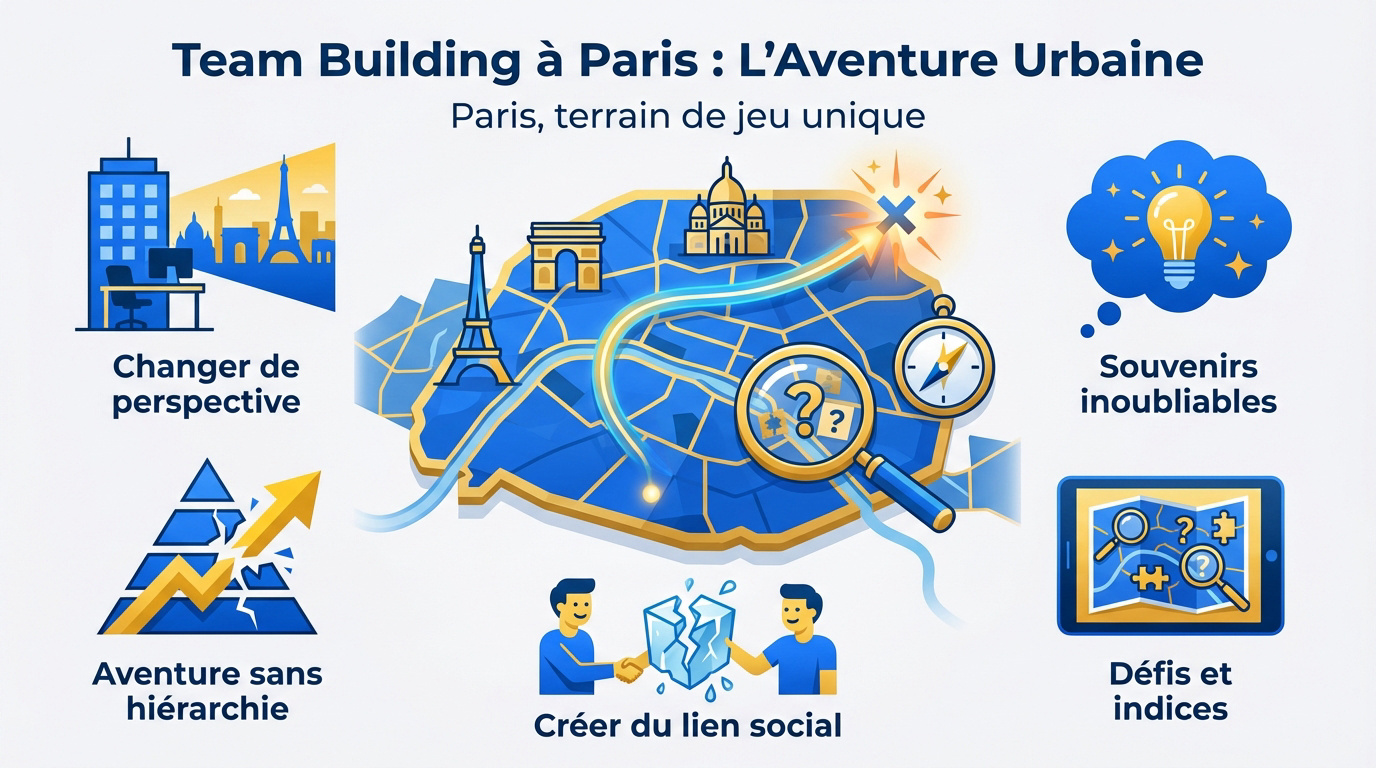 Équipe soudée lors d'une chasse au trésor urbaine à Paris