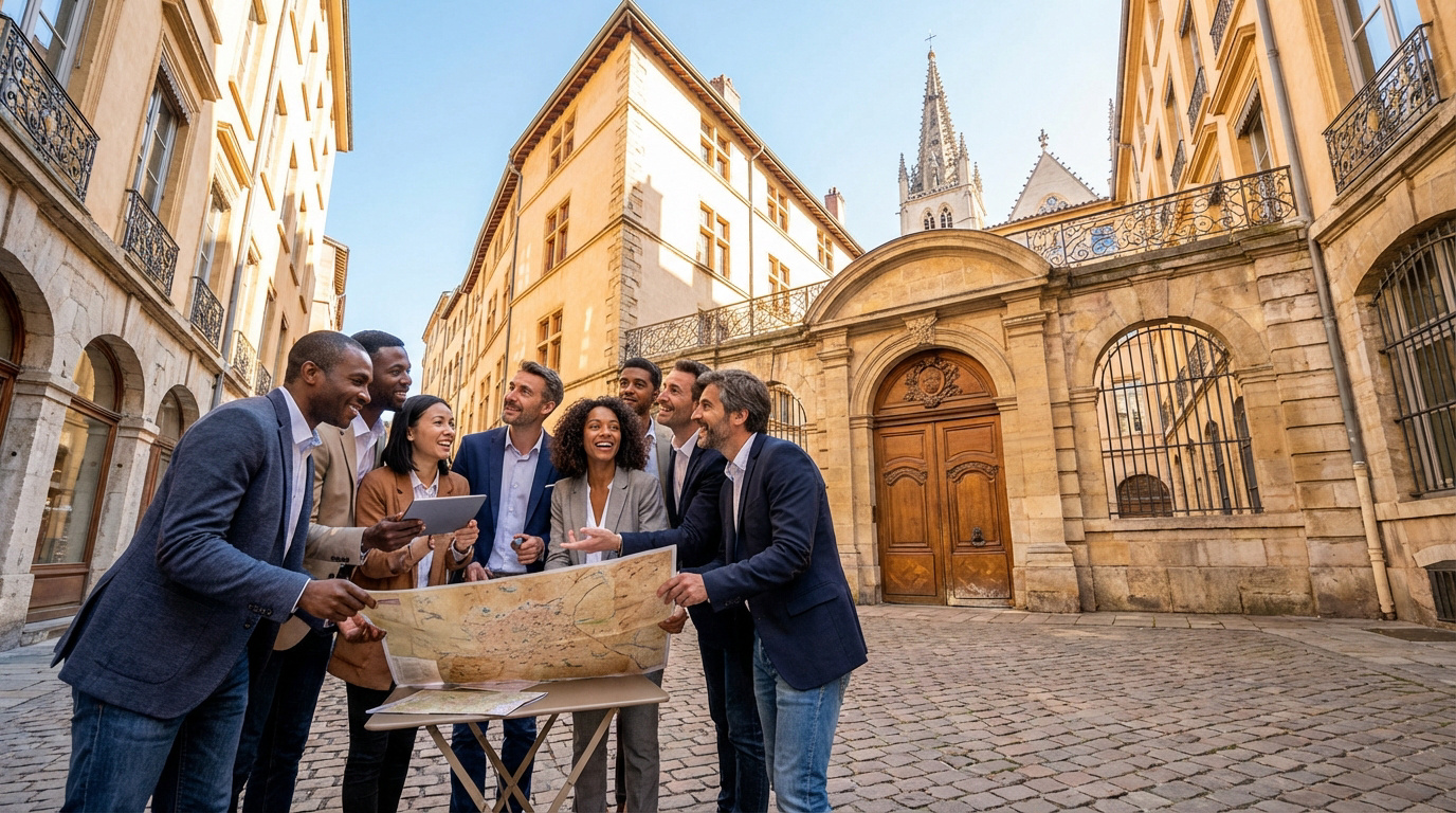 Groupe multiculturel souriant regardant une carte et une tablette dans une rue pavée de Lyon, spire d'église en fond.