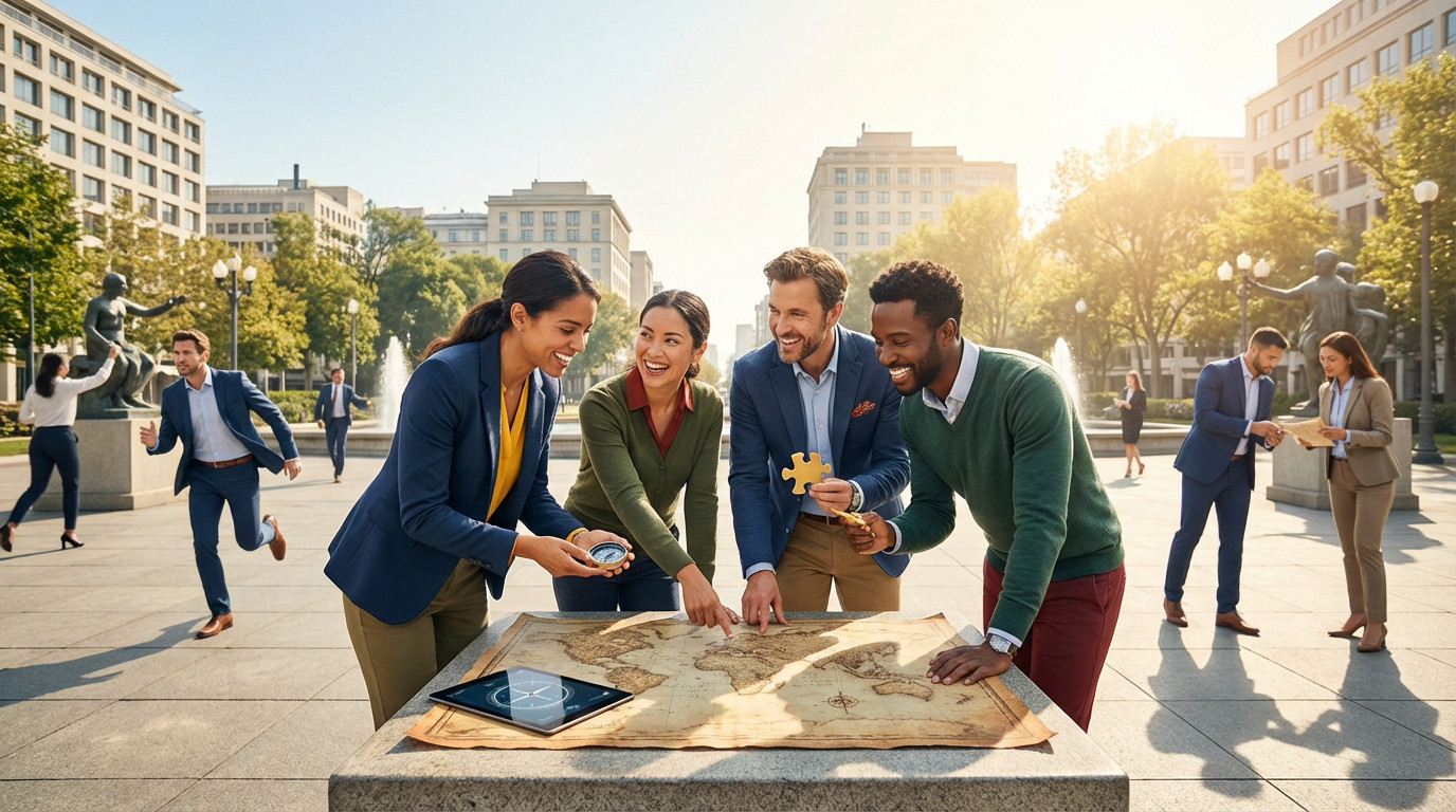 Diverse team of professionals joyfully collaborates on an urban treasure hunt, examining a map and clues in a sunny city park.