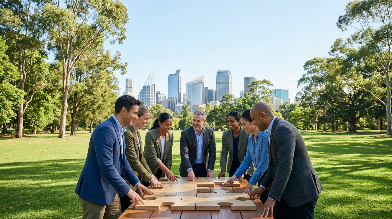 Huit professionnels souriants et diversifiés assemblent un grand puzzle en bois en extérieur, avec une ville moderne en arrière-plan.