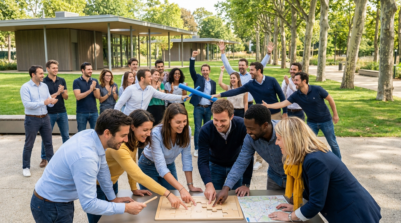 Groupe d'employés diversifié participant à un jeu de puzzle et une activité de team building en extérieur, dans un parc verdoyant. Ils sourient et célèbrent la collaboration.