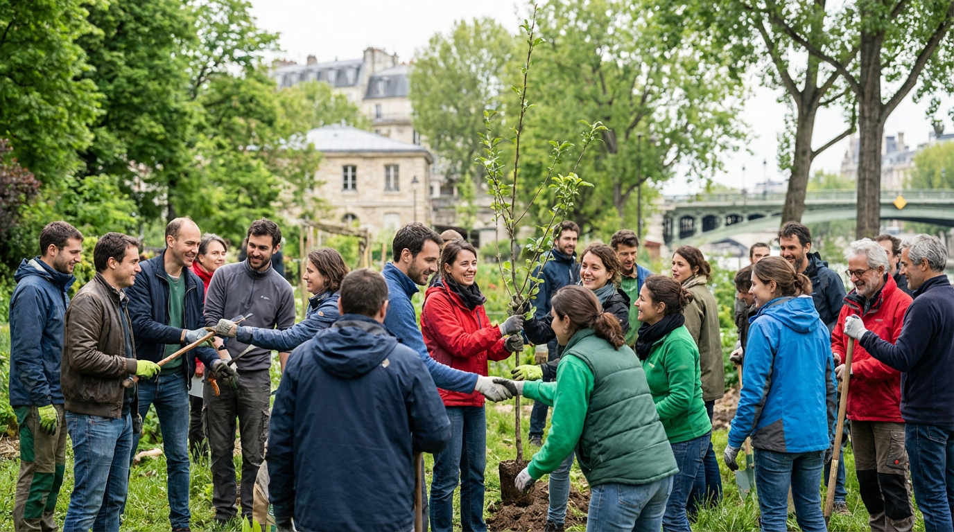 Un groupe diversifié plante un jeune arbre en équipe dans un jardin urbain, souriants, lors d'un team building solidaire.