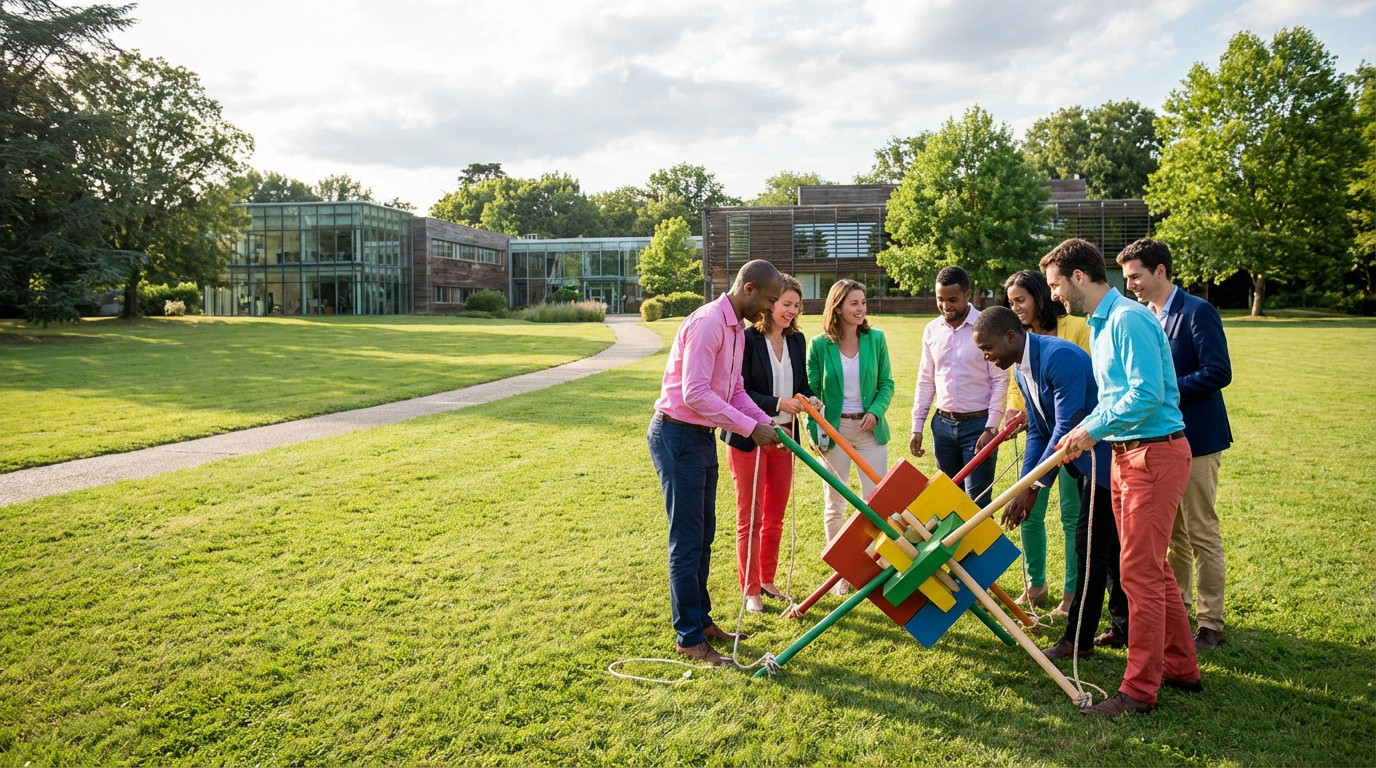 Groupe diversifié de 8 professionnels souriants jouant à un jeu de collaboration en bois coloré sur une pelouse.