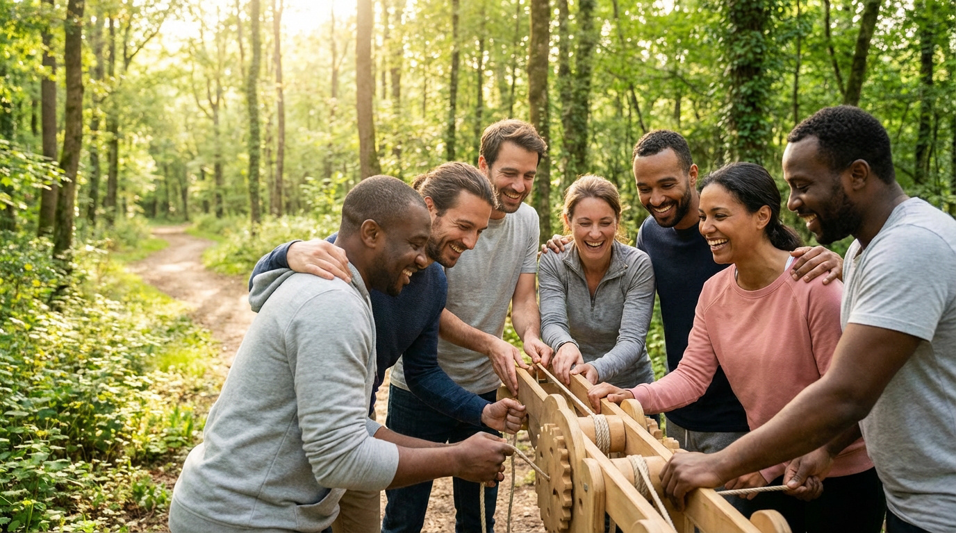 Groupe diversifié de 7 adultes joyeux travaillant ensemble sur un défi en bois avec cordes en pleine forêt ensoleillée.