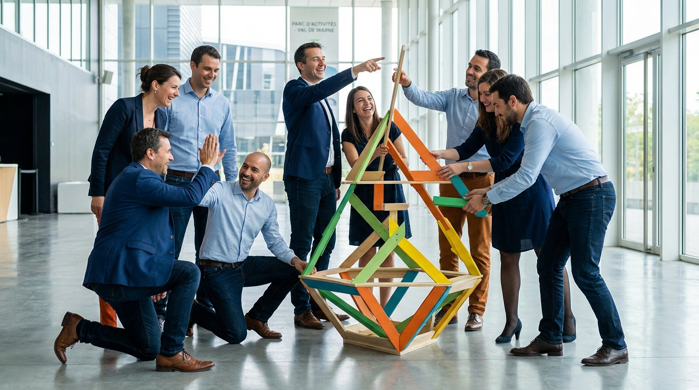 Un groupe de 8 collègues souriants construisent une structure en bois colorée lors d'un team building d'entreprise.