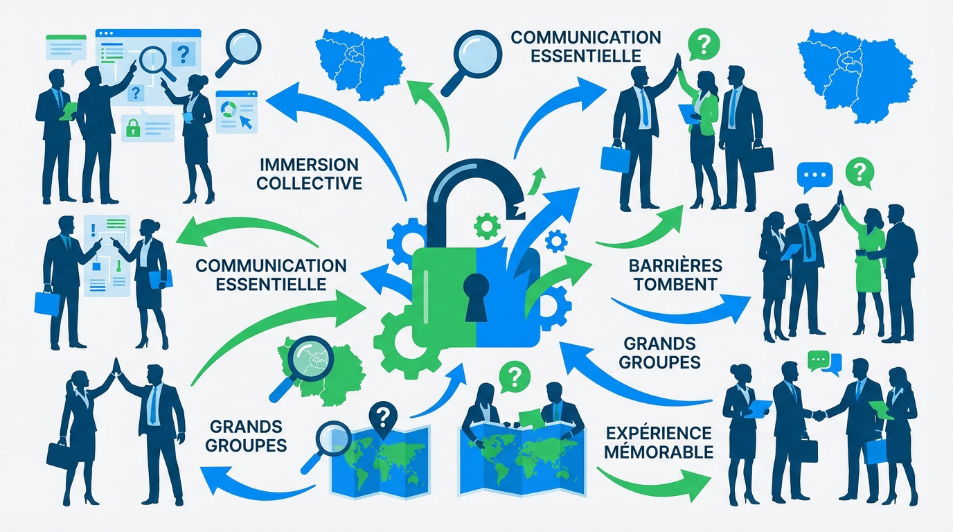 Collaborateurs en pleine session d'escape game géant