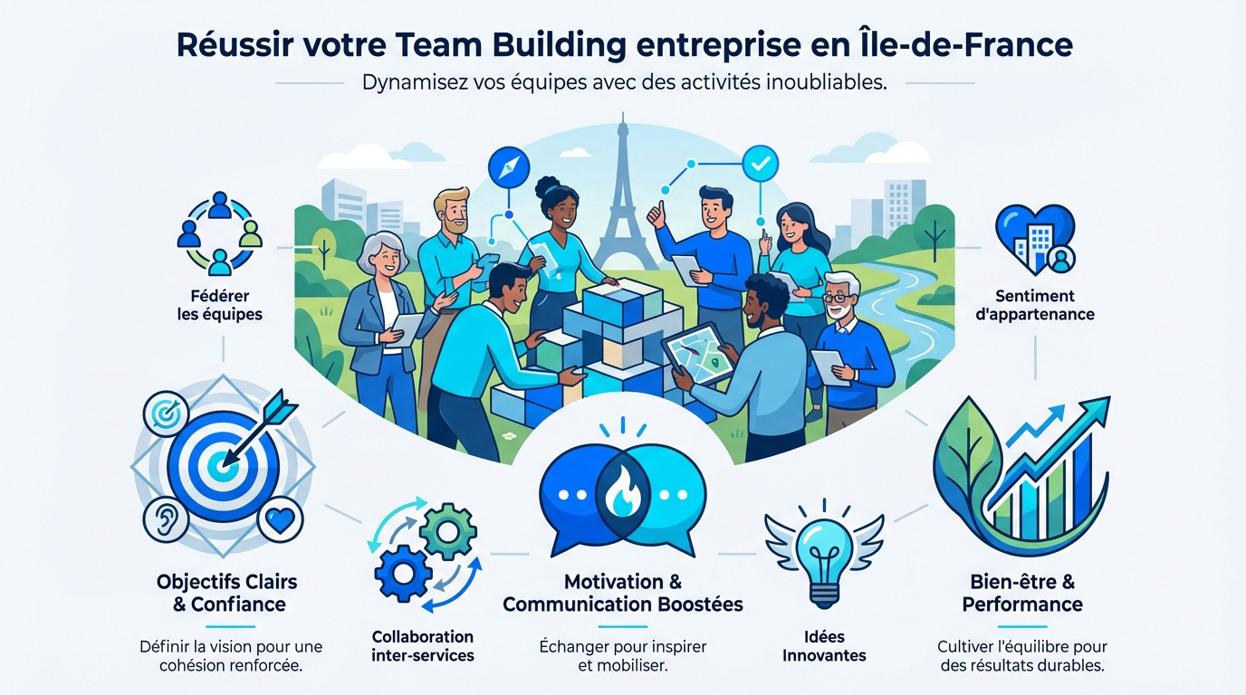 Infographie sur les bénéfices du team building pour la cohésion et la performance en entreprise