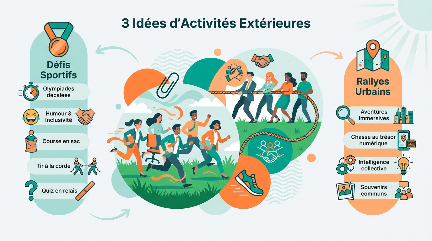 Équipe souriante participant à un team building en extérieur sous le soleil