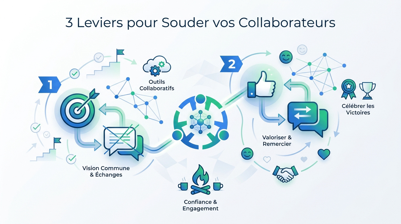 Équipe soudée collaborant autour d'un projet commun pour renforcer la cohésion