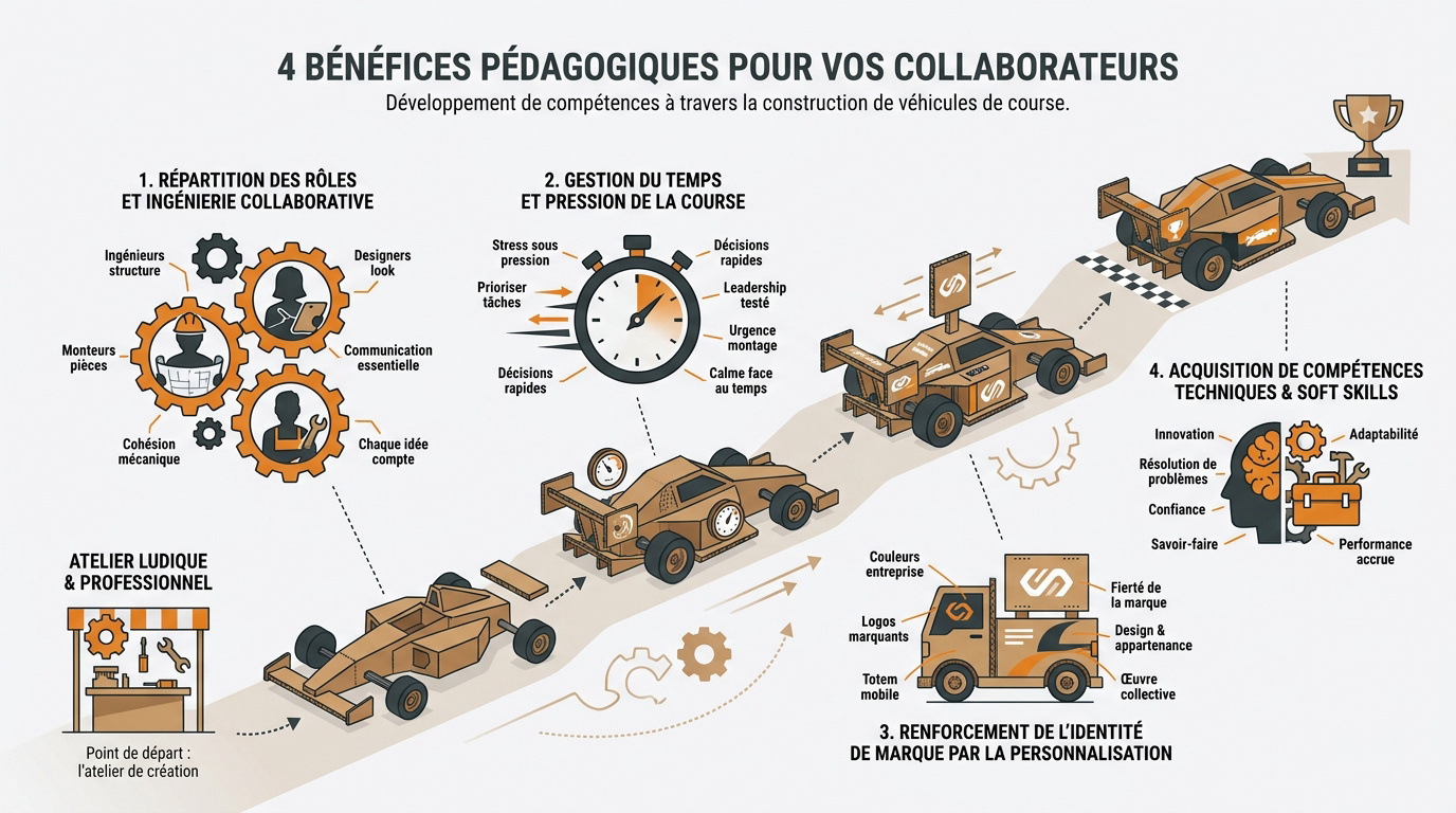 Équipe de collaborateurs assemblant un véhicule de course en carton lors d'un team building