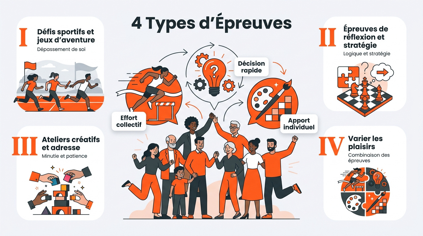 Participants engagés dans un challenge multi-activités mêlant sport et réflexion
