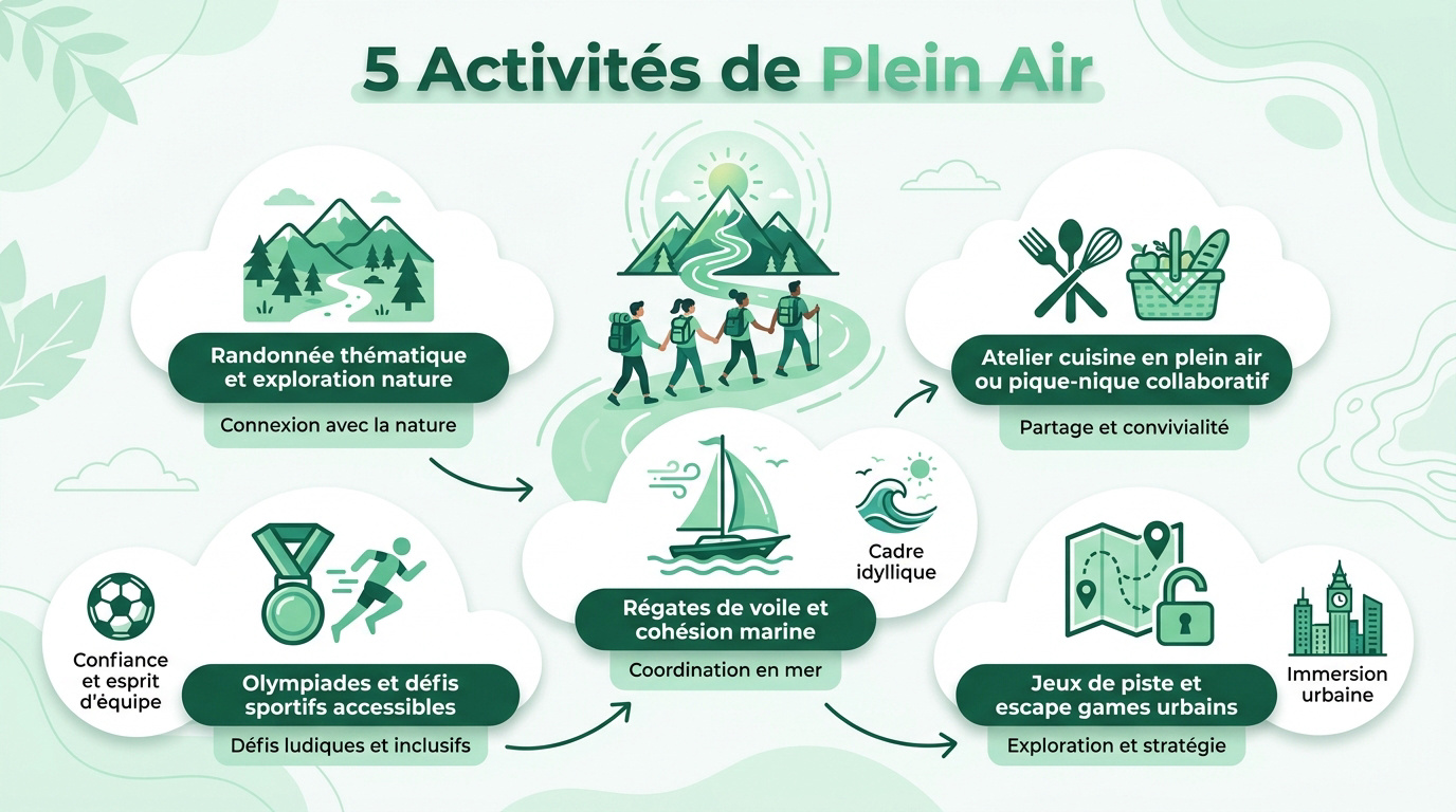 Collaborateurs souriants participant à une activité de team building outdoor en plein air