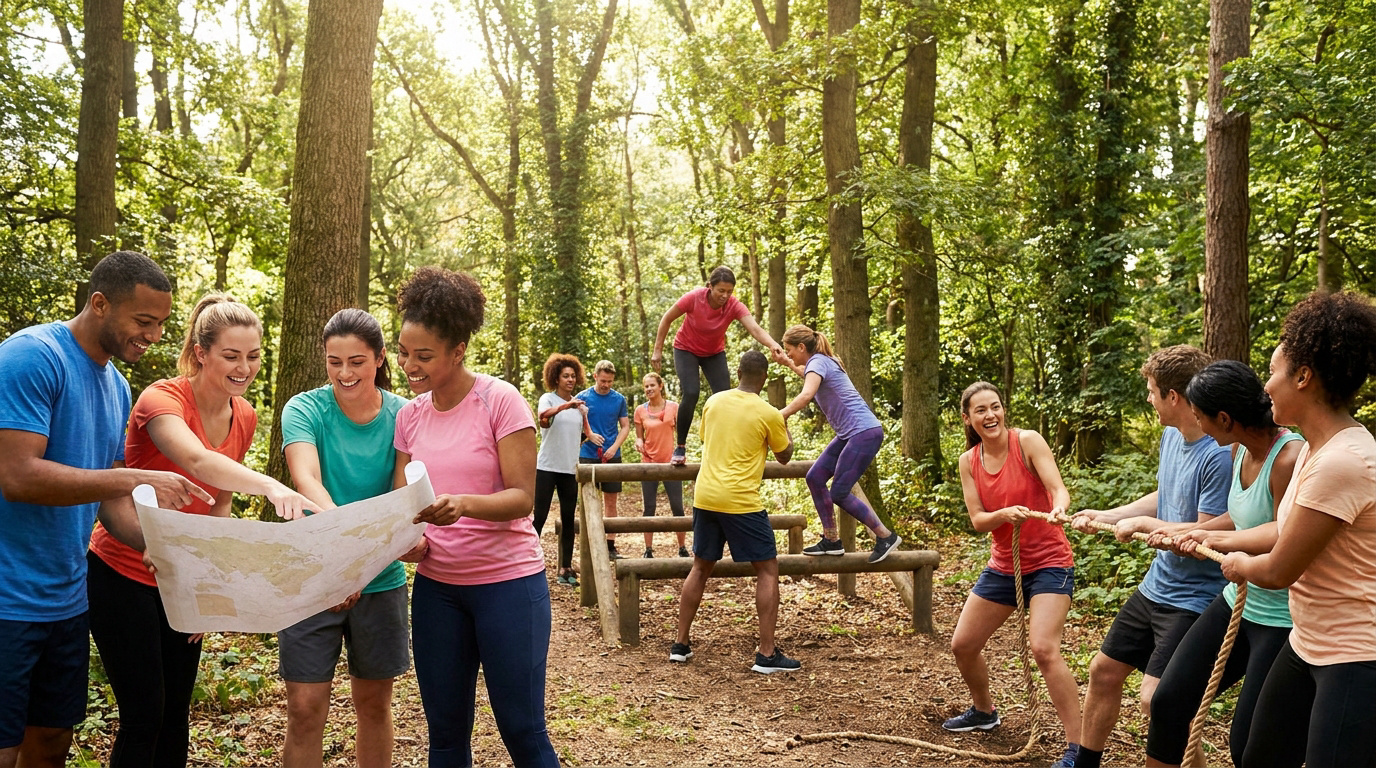 Groupe diversifié effectuant des activités de team building en forêt, incluant lecture de carte, parcours d'obstacles et tir à la corde.