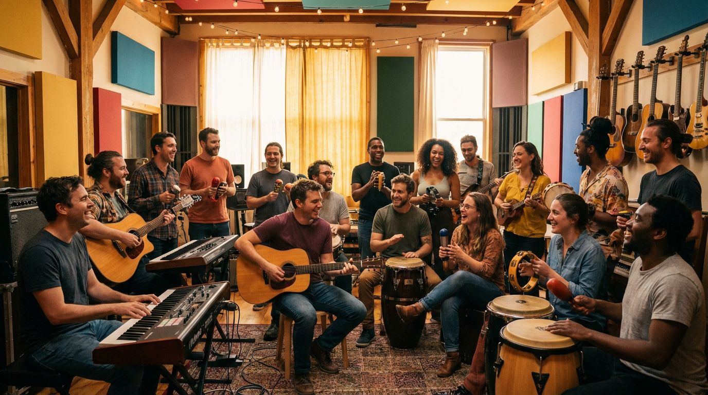 Groupe diversifié et souriant jouant de la musique (guitares, claviers, percussions) dans un studio, profitant d'une activité de team building.