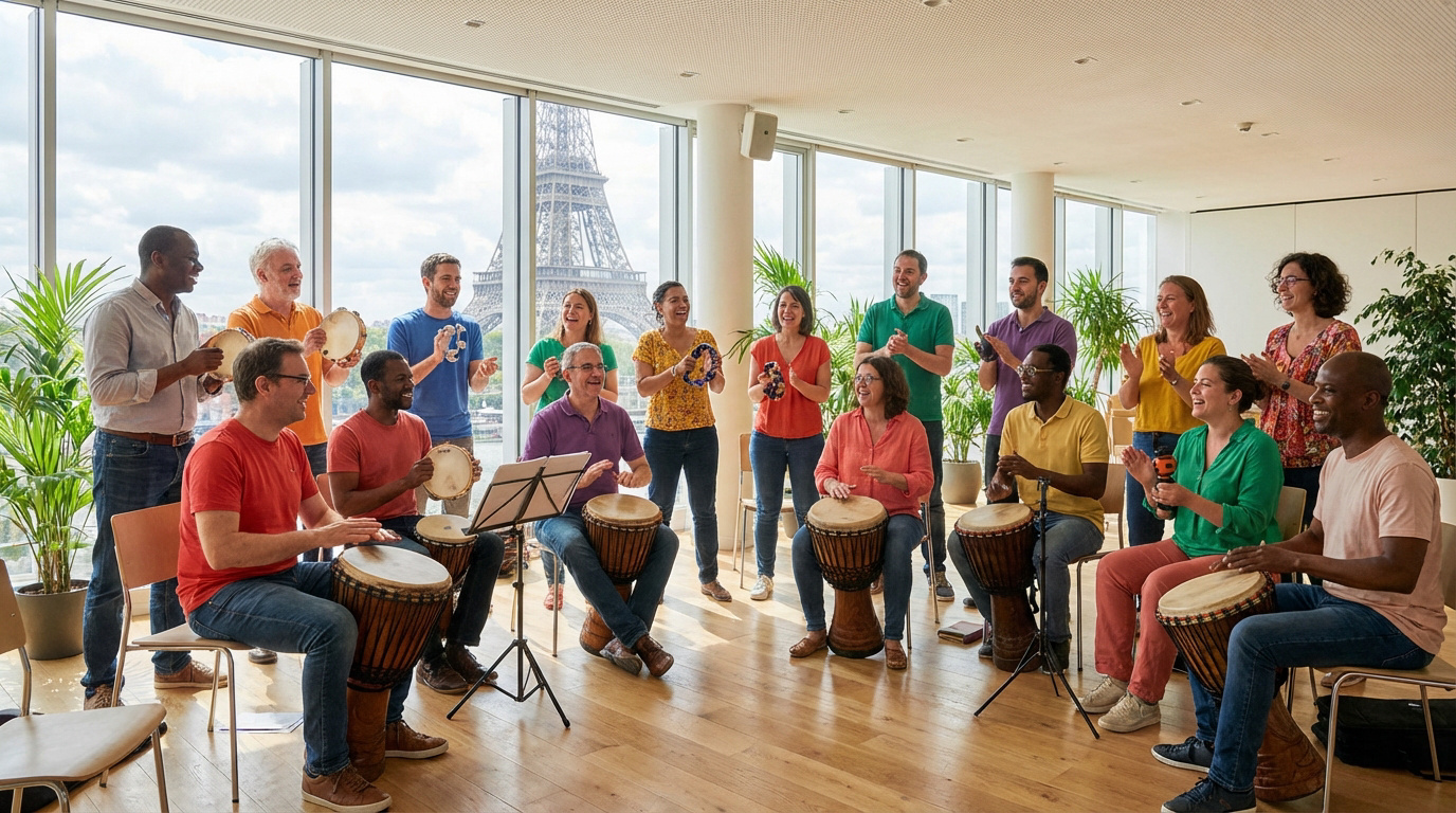 Groupe diversifié joue djembés et tambourins à Paris, riant ensemble devant la Tour Eiffel. Ambiance de team building joyeuse.