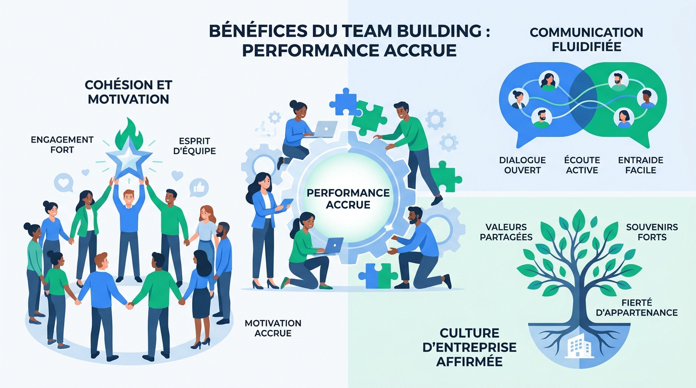 Collaborateurs soudés lors d'une animation entreprise favorisant la performance collective