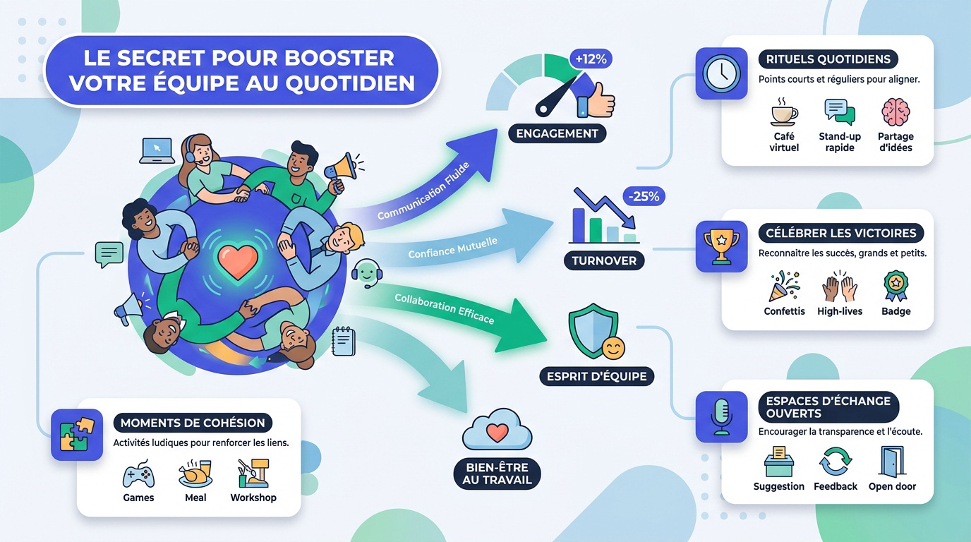 Équipe soudée collaborant avec enthousiasme dans un bureau moderne