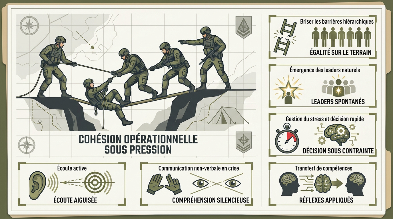 Équipe en pleine simulation militaire travaillant la cohésion sous pression