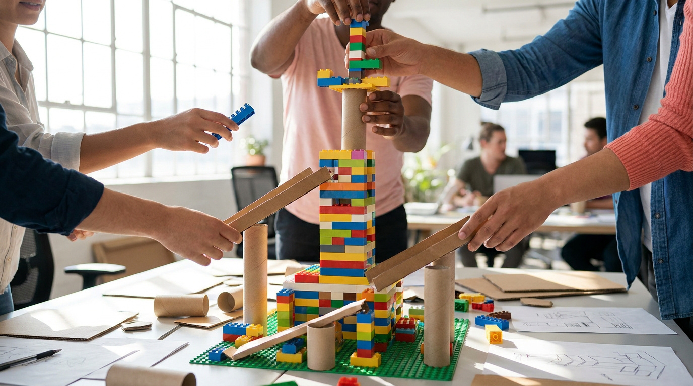 Gros plan sur des mains de collègues construisant ensemble une structure colorée avec des briques et du carton lors d'un team building.