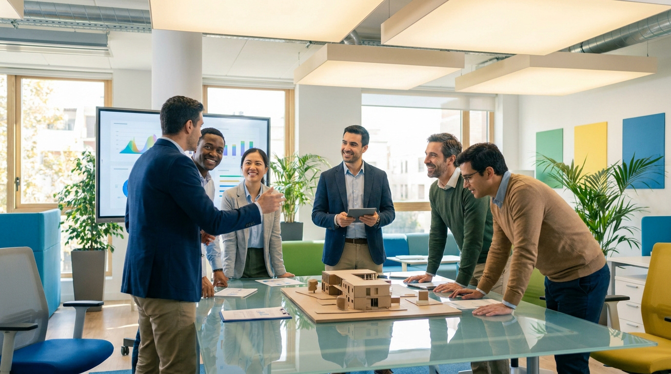 Un groupe de six professionnels souriants et divers travaillant ensemble autour d'une maquette architecturale lors d'une réunion.