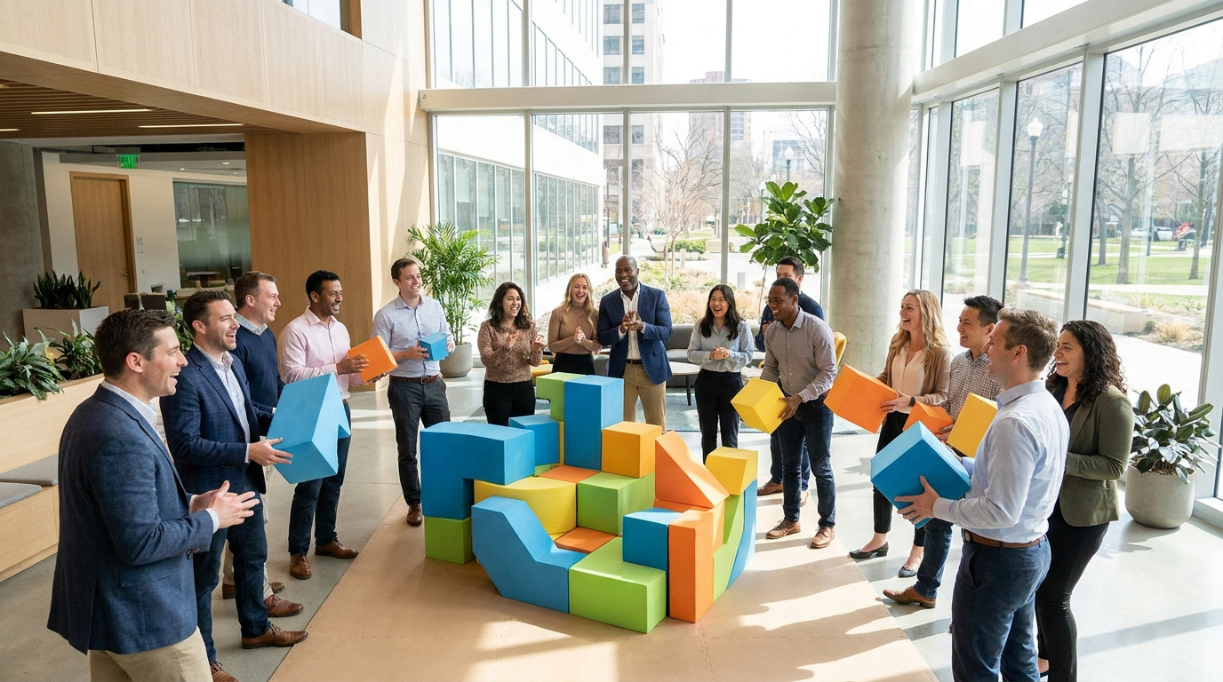 Un groupe diversifié de professionnels s'amuse lors d'une activité de team building avec des blocs colorés dans un bureau lumineux.
